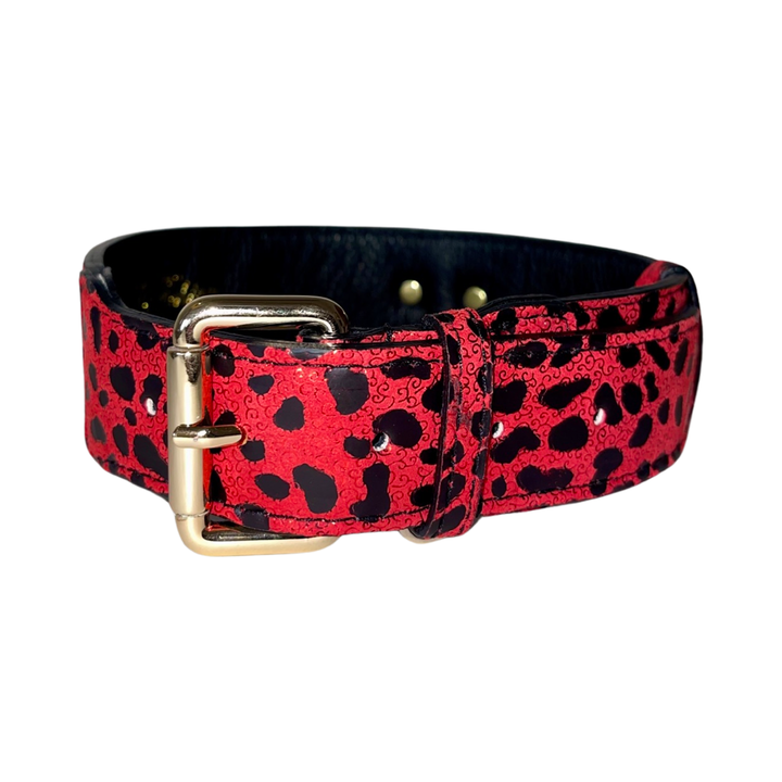 Red &amp; Black Leopard Print Italian Leather Classic Collar