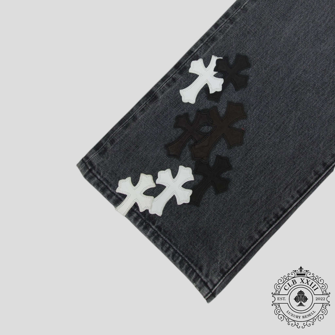 Chrome Heart Fleur Knee Denim in Black/White featuring unique cross motifs, a rare find in Chrome Hearts luxury denim jeans.