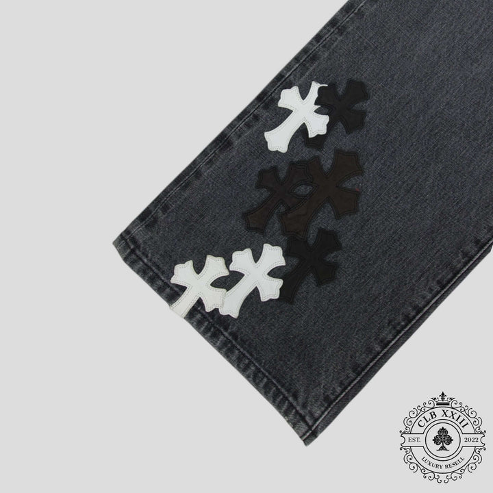Chrome Heart Fleur Knee Denim in Black/White featuring unique cross motifs, a rare find in Chrome Hearts luxury denim jeans.
