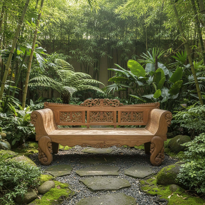 Wooden carved bench on a white background
