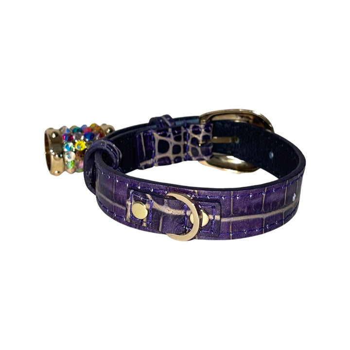 XS 7”-14” Purple/Gold Embossed Croc Italian Leather Collar/Custom Gold Oval Italian Hardware &amp; Swarovski Crystal Charm