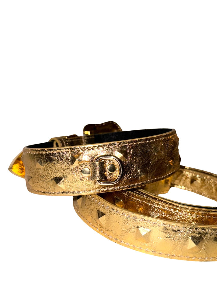 Glam Gold Embossed Studded Italian Leather Collar &amp; Leash Set With Our Custom Swarovski Crystal Buckle