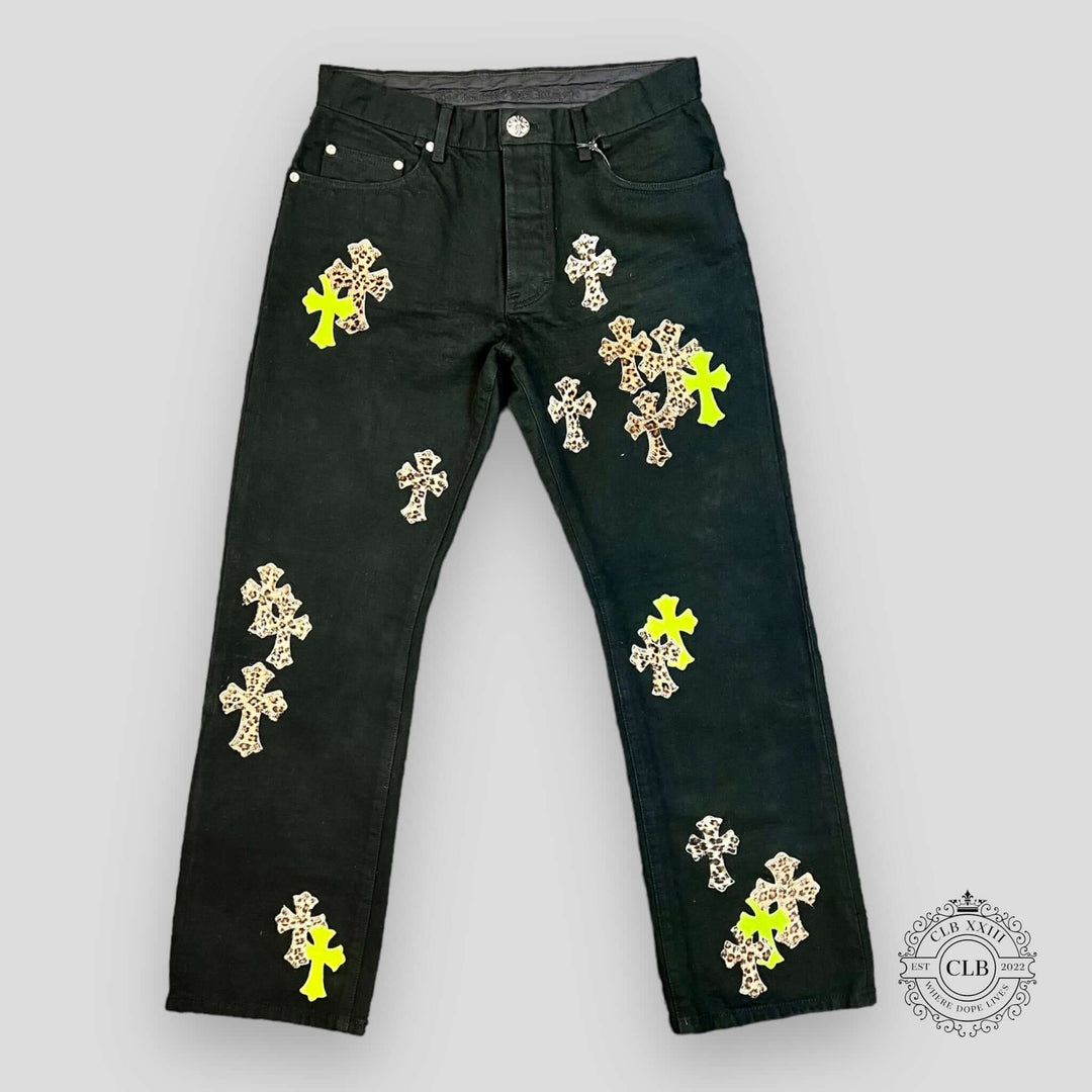 Chrome Hearts Cross Patch Denim Jeans in Black / Green featuring leopard patches and sterling silver hardware.