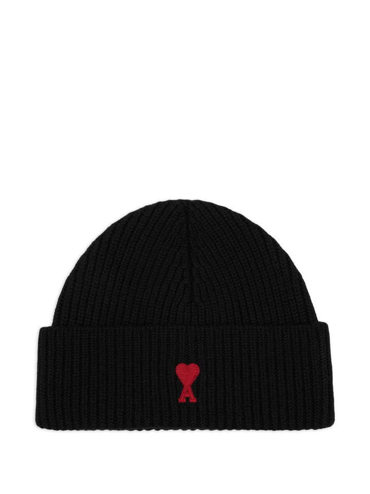 AMI PARIS Wool Ribbed Knit Beanie with Signature Monogram Motif
