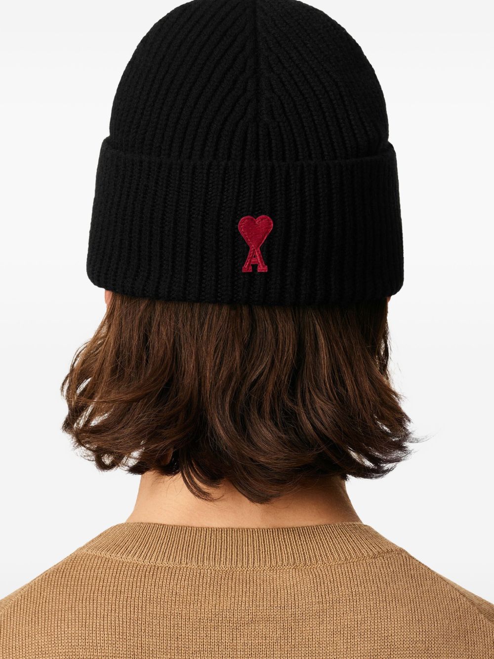 AMI PARIS Wool Ribbed Knit Beanie with Signature Monogram Motif