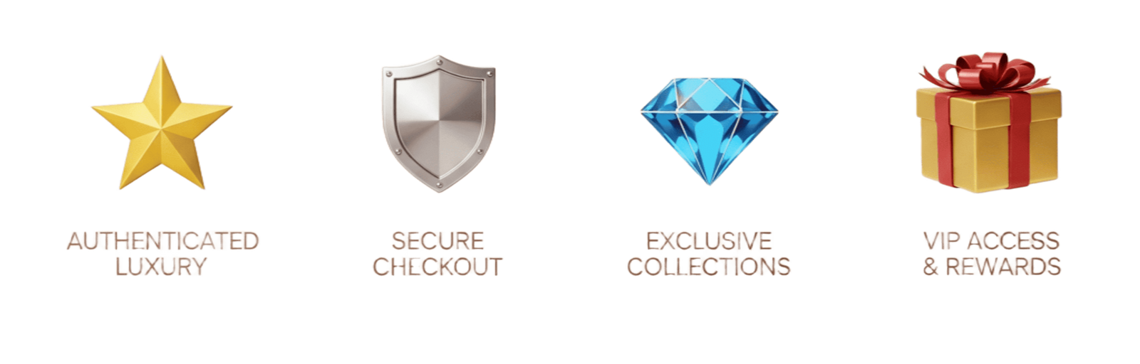 Set of icons representing 'Authenticated Luxury', 'Secure Checkout', 'Exclusive Collections', and 'VIP Access & Rewards'.