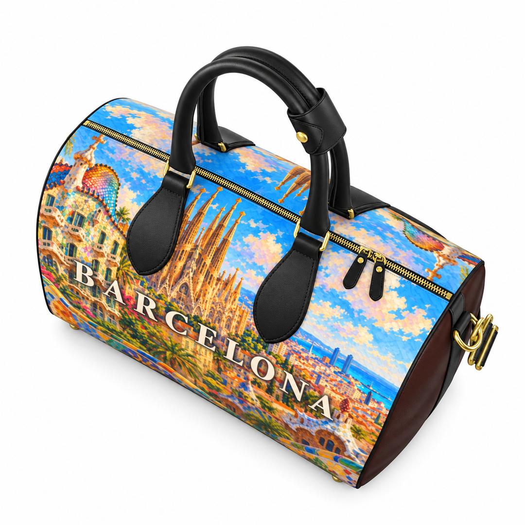 S7 Barcelona Mediterranean Mosaic leather duffle bag with colorful landmark artwork, brown side panels, black handles, and gold-tone hardware.