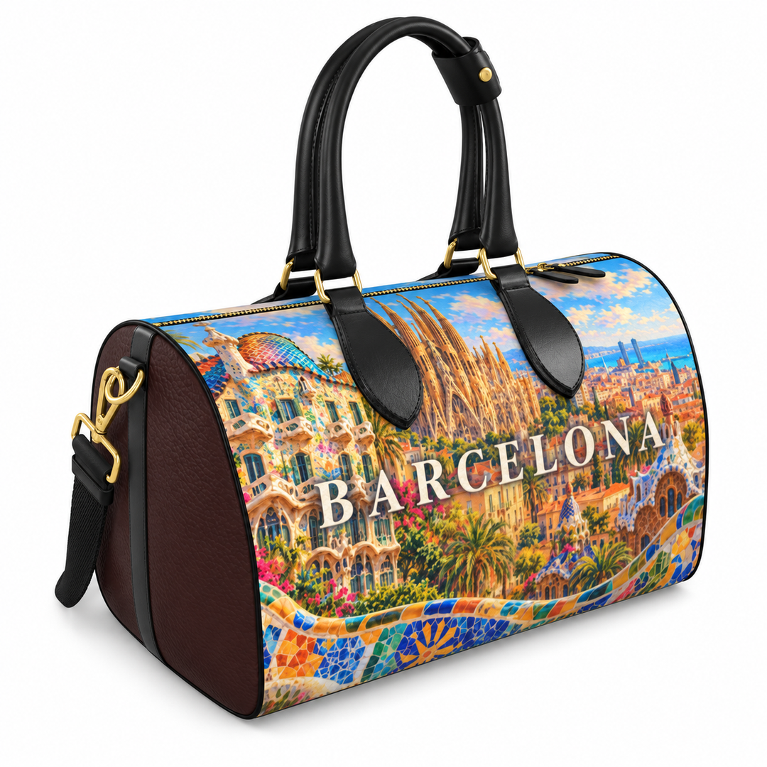 S7 Barcelona Mediterranean Mosaic leather duffle bag with colorful landmark artwork, brown side panels, black handles, and gold-tone hardware.