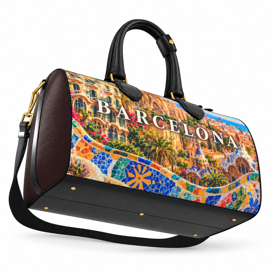 S7 Barcelona Mediterranean Mosaic leather duffle bag with colorful landmark artwork, brown side panels, black handles, and gold-tone hardware.