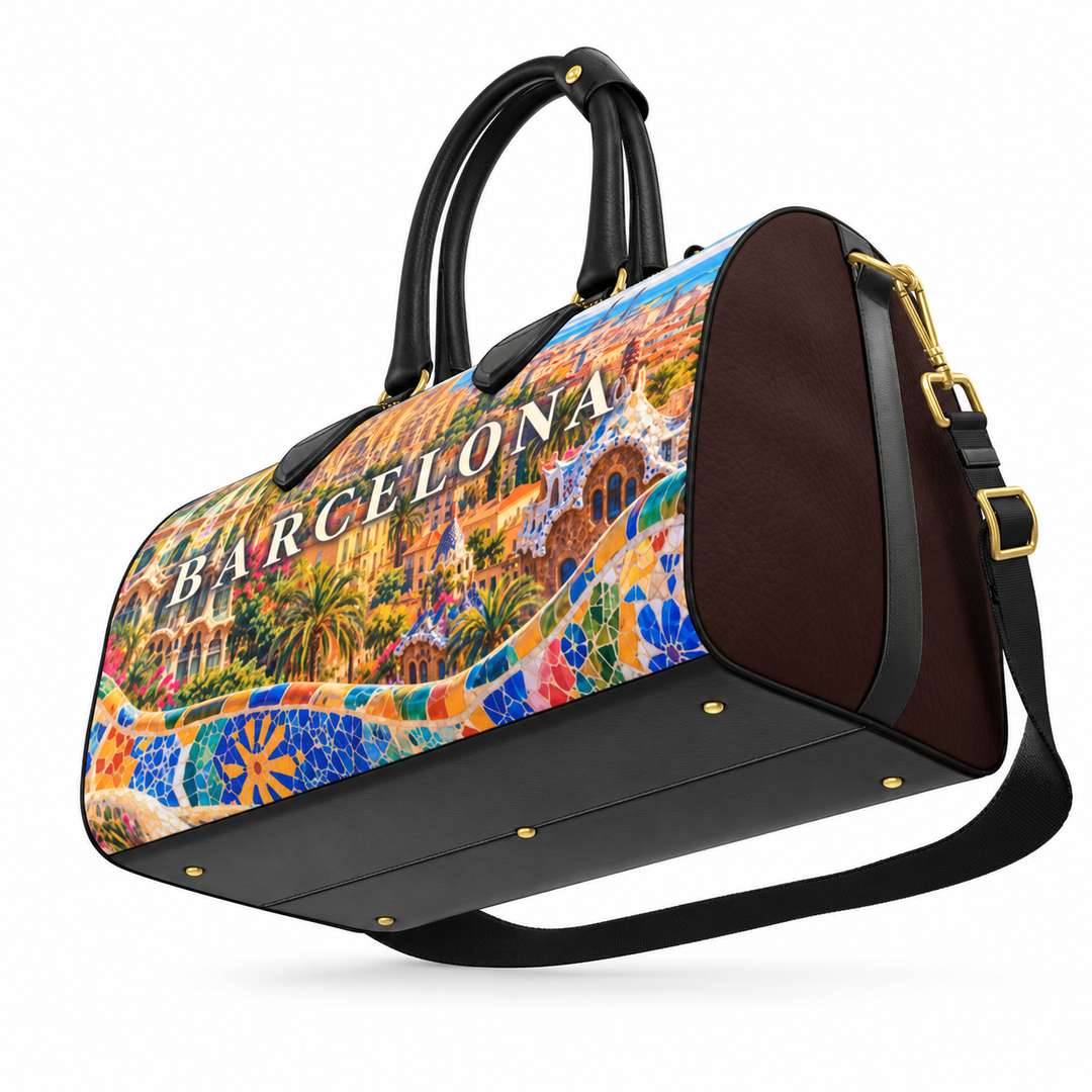 S7 Barcelona Mediterranean Mosaic leather duffle bag with colorful landmark artwork, brown side panels, black handles, and gold-tone hardware.