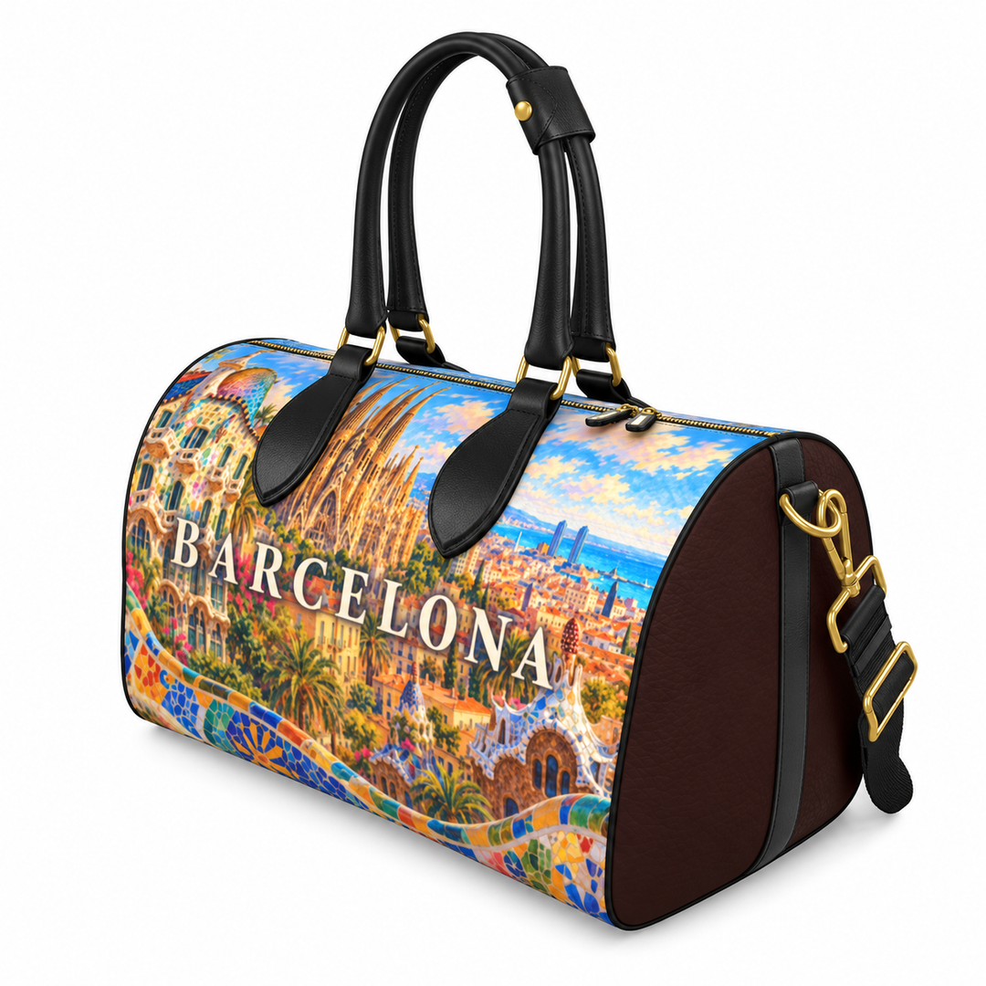 S7 Barcelona Mediterranean Mosaic leather duffle bag with colorful landmark artwork, brown side panels, black handles, and gold-tone hardware.