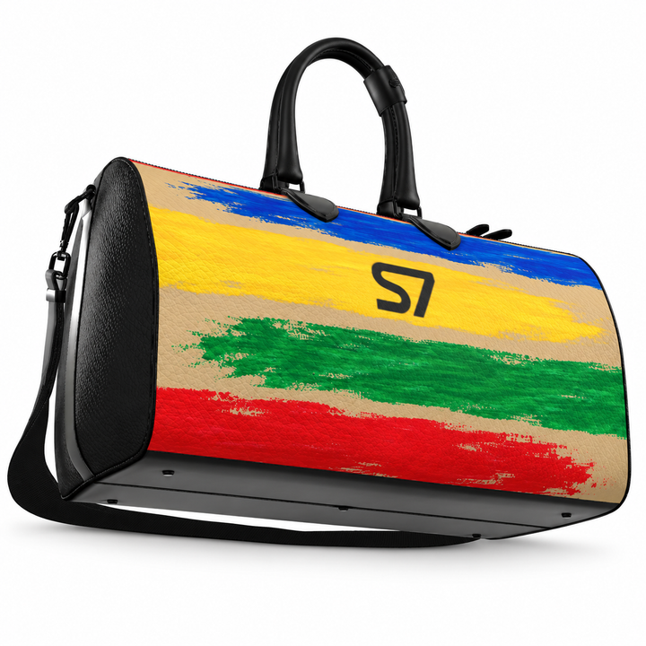 Beige S7 Color Study duffle bag with red, blue, yellow, and green brushstrokes, a centered black S7 monogram, and graphite hardware.