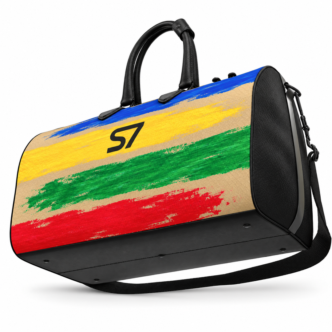 Beige S7 Color Study duffle bag with red, blue, yellow, and green brushstrokes, a centered black S7 monogram, and graphite hardware.