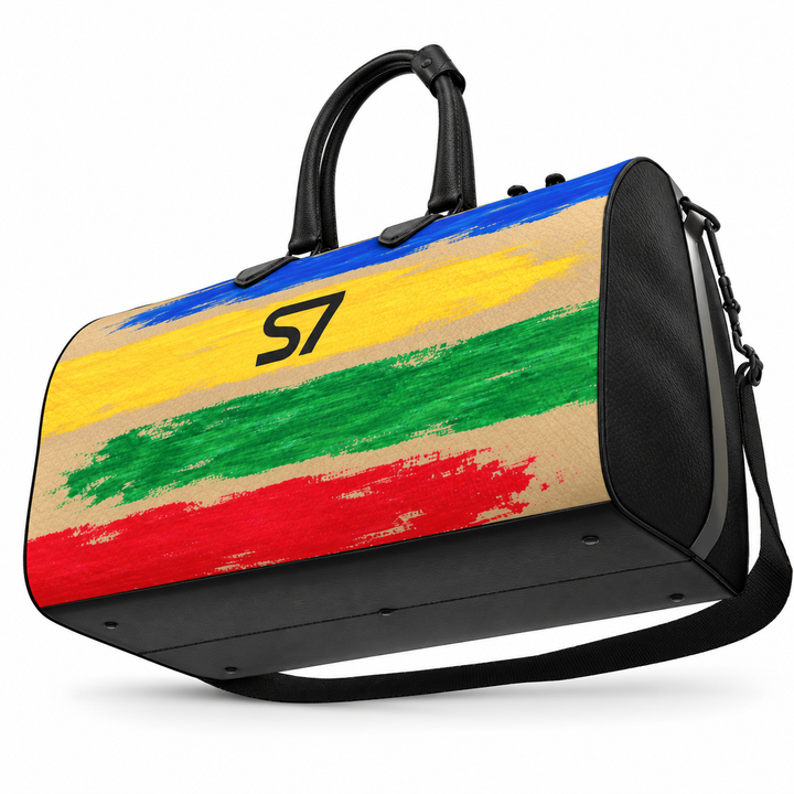 Beige S7 Color Study duffle bag with red, blue, yellow, and green brushstrokes, a centered black S7 monogram, and graphite hardware.