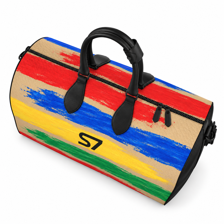 Beige S7 Color Study duffle bag with red, blue, yellow, and green brushstrokes, a centered black S7 monogram, and graphite hardware.