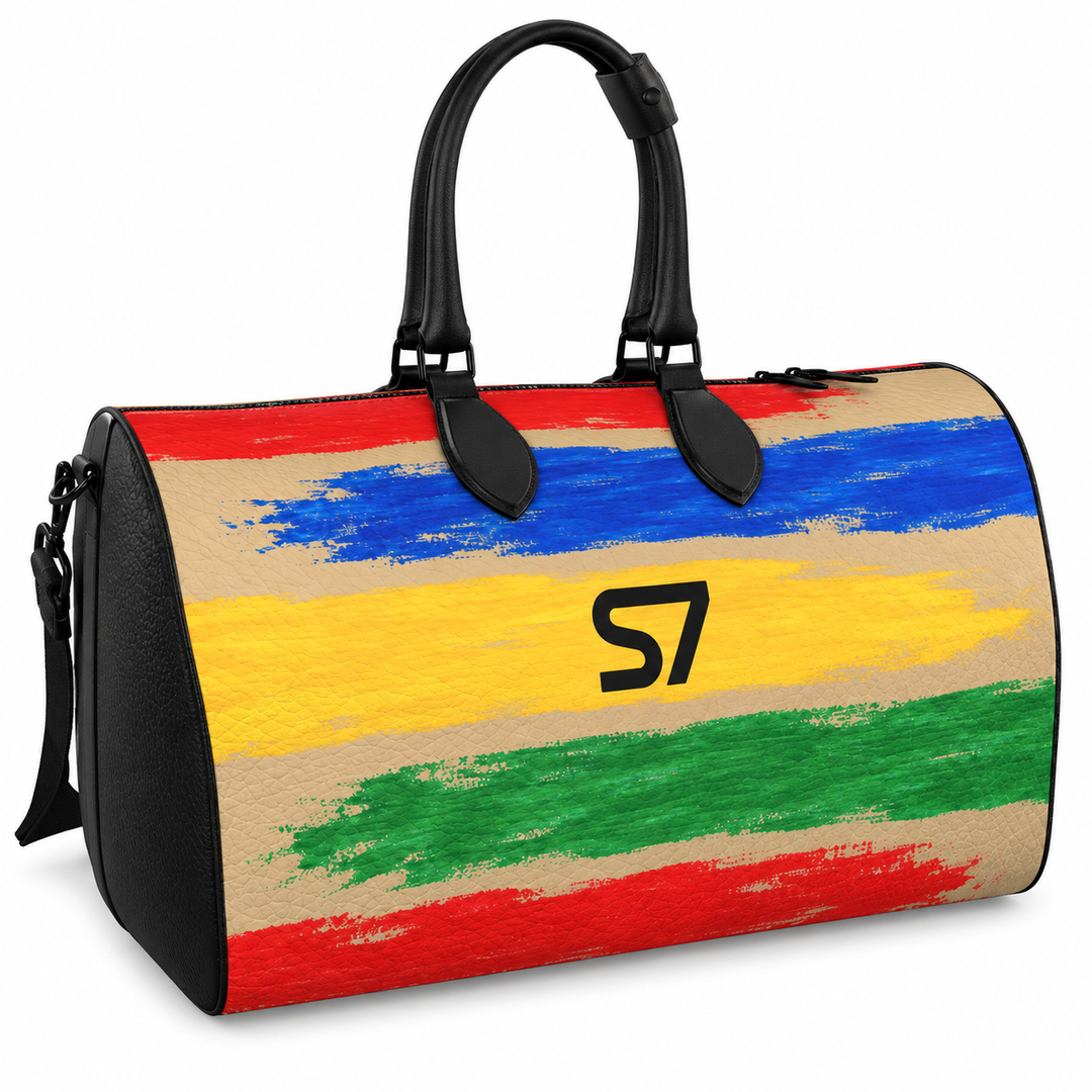 Beige S7 Color Study duffle bag with red, blue, yellow, and green brushstrokes, a centered black S7 monogram, and graphite hardware.