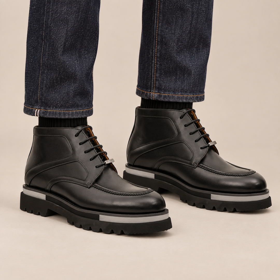 Black Apron-Toe Calf Leather Ankle Boots