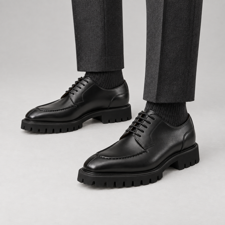 Black Apron-Toe Calf Leather Derby Shoes