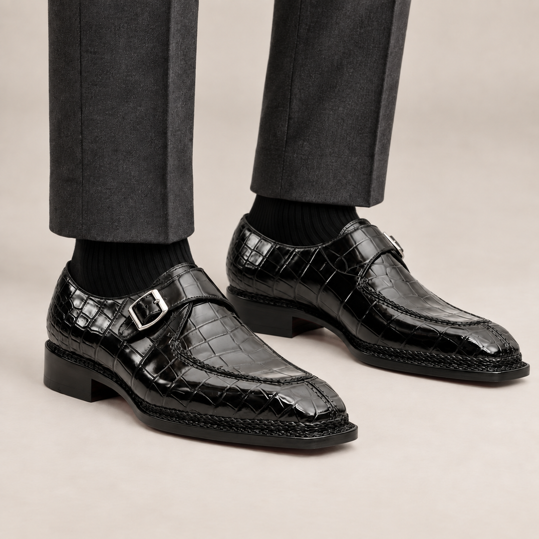 Black Apron-Toe Crocodile Leather Monk Shoes