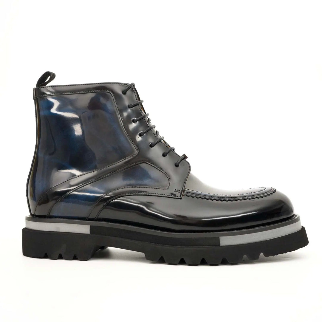 Blue-Black Apron-Toe Leather Lace-Up Boots