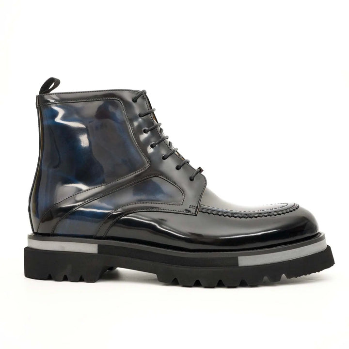 Blue-Black Apron-Toe Leather Lace-Up Boots
