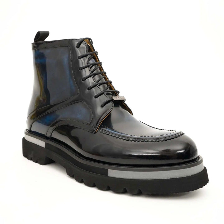 Blue-Black Apron-Toe Leather Lace-Up Boots