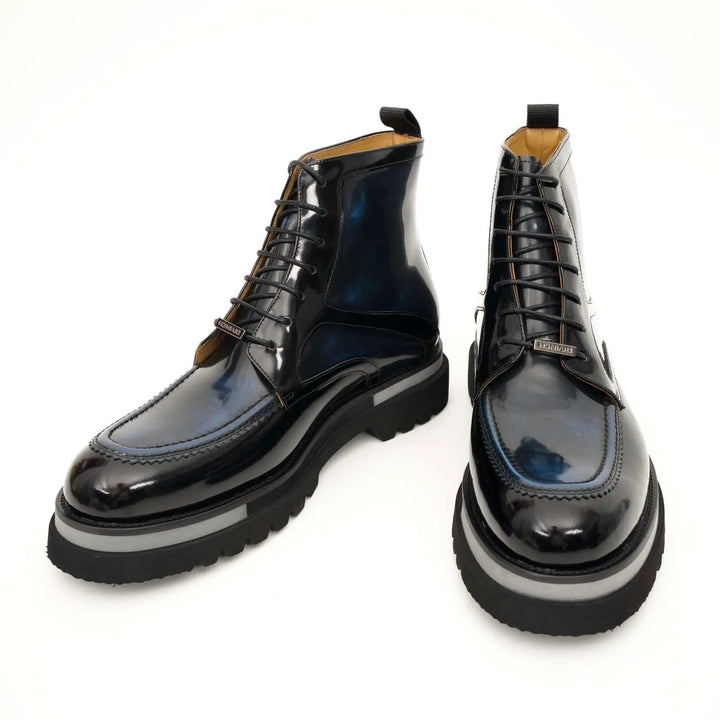 Blue-Black Apron-Toe Leather Lace-Up Boots