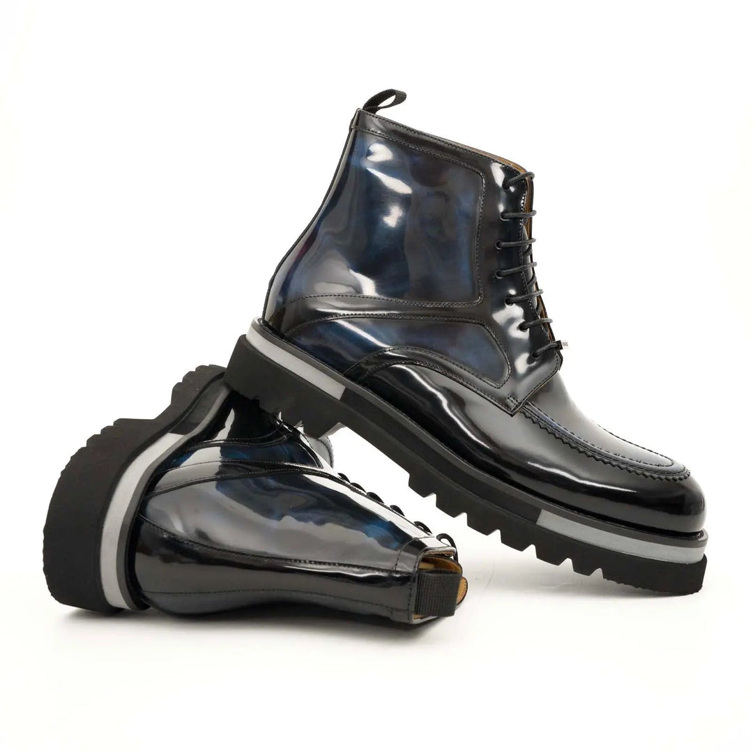 Blue-Black Apron-Toe Leather Lace-Up Boots