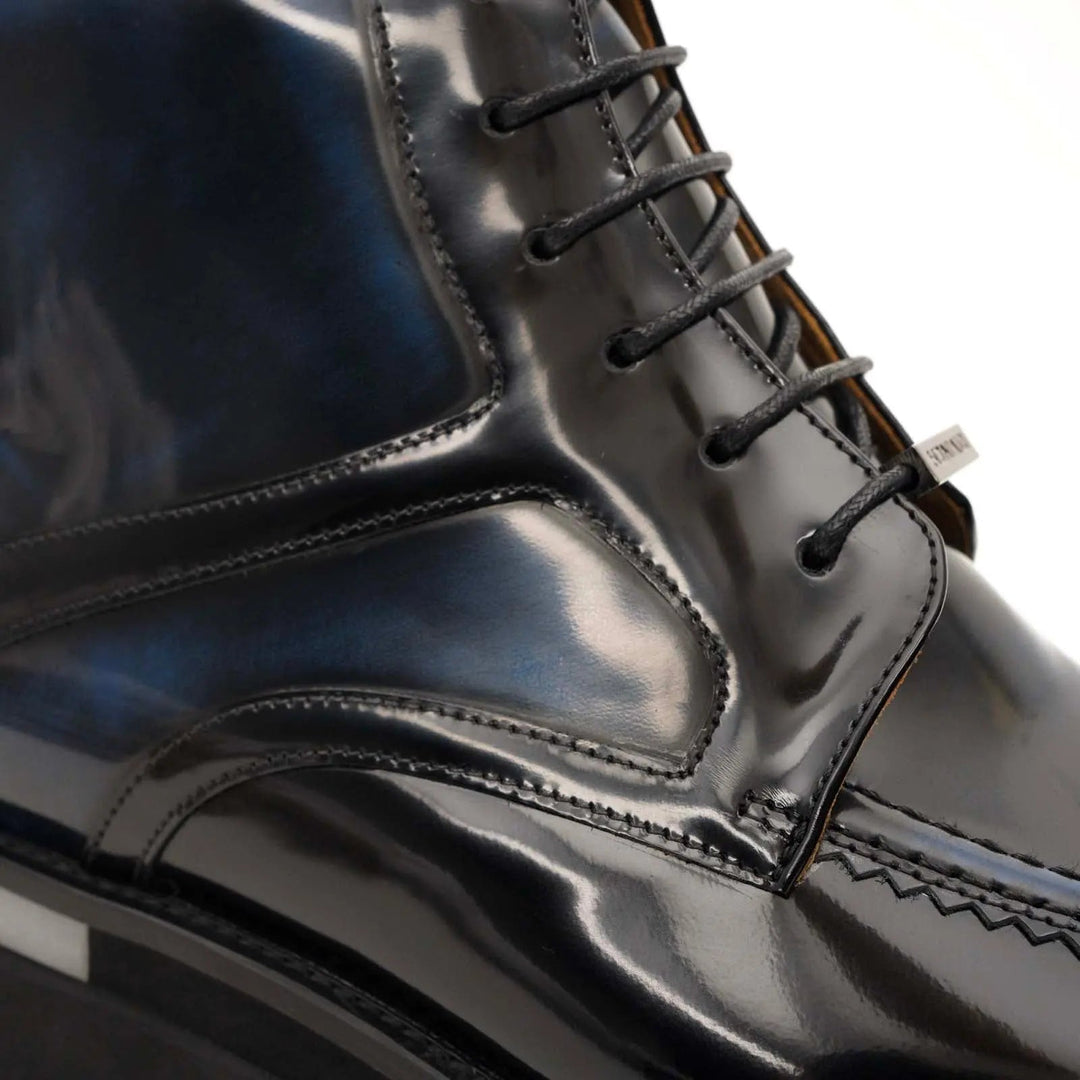 Blue-Black Apron-Toe Leather Lace-Up Boots