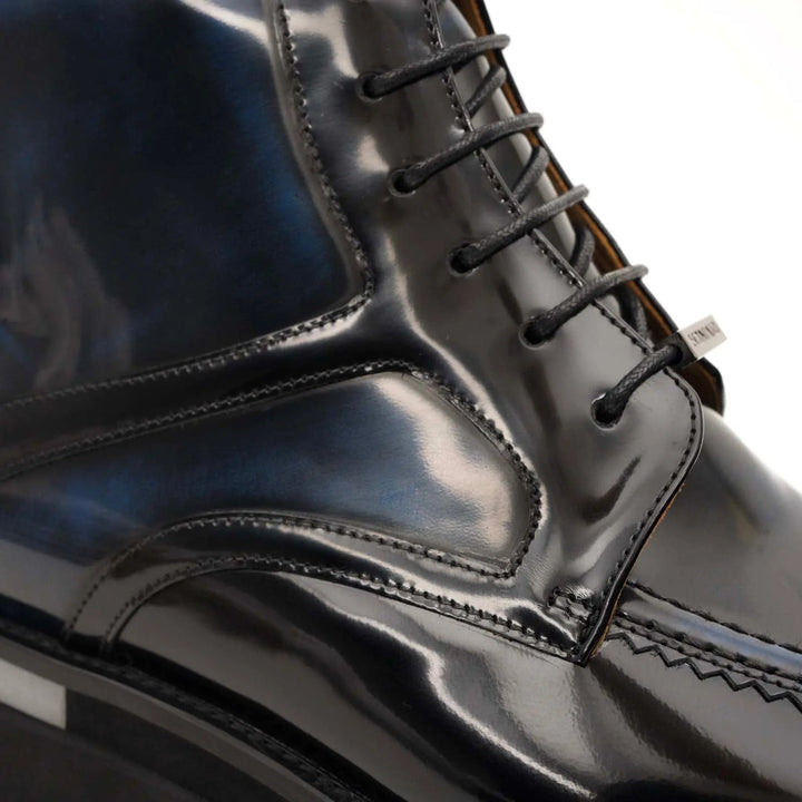 Blue-Black Apron-Toe Leather Lace-Up Boots
