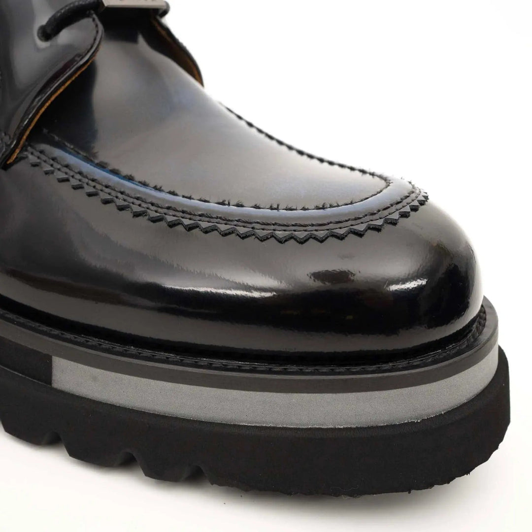 Blue-Black Apron-Toe Leather Lace-Up Boots