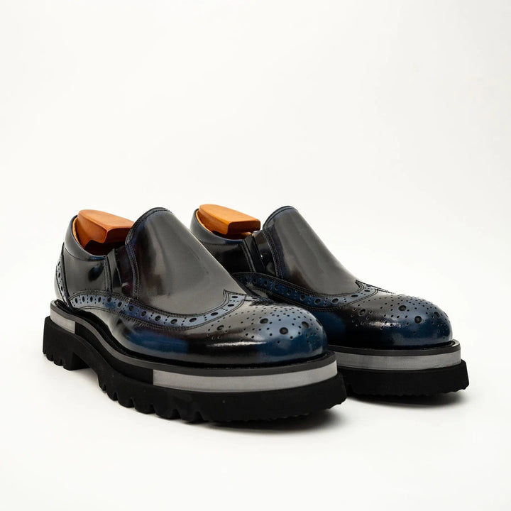 Blue-Black Wingtip Brogue Slip-On Shoes