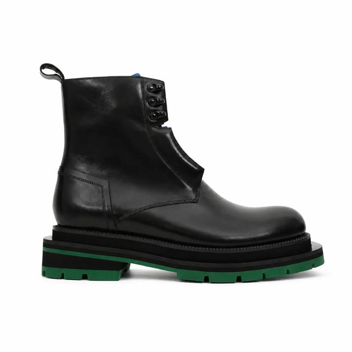 Black Leather Lace-Up Boots with Blue and Green Accents