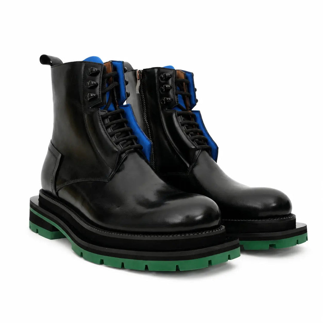 Black Leather Lace-Up Boots with Blue and Green Accents