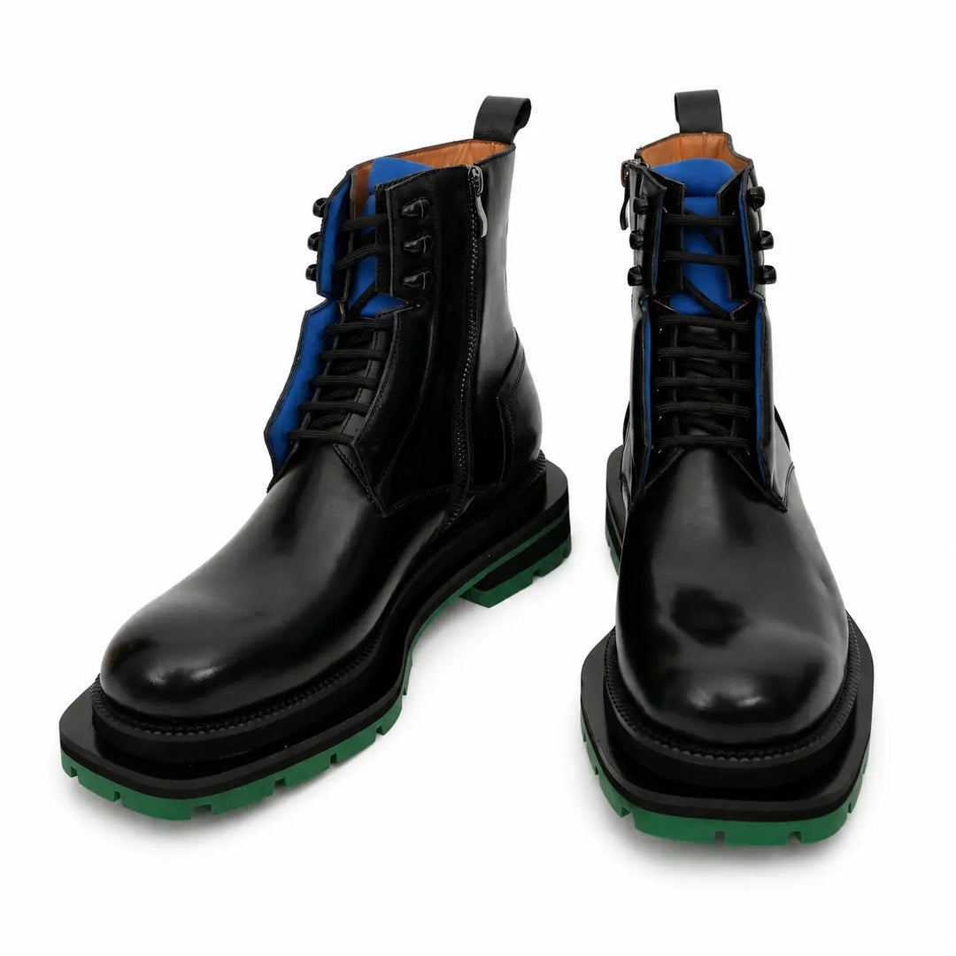 Black Leather Lace-Up Boots with Blue and Green Accents