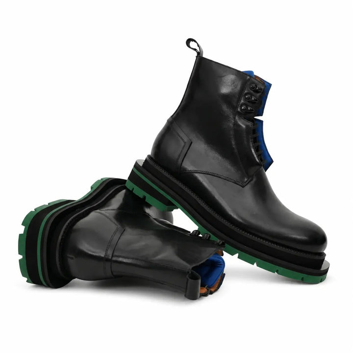 Black Leather Lace-Up Boots with Blue and Green Accents
