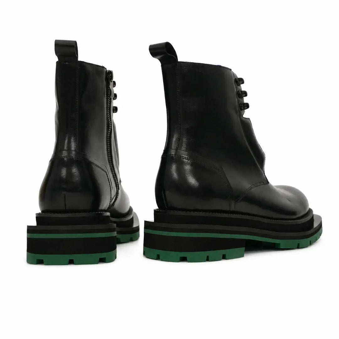 Black Leather Lace-Up Boots with Blue and Green Accents