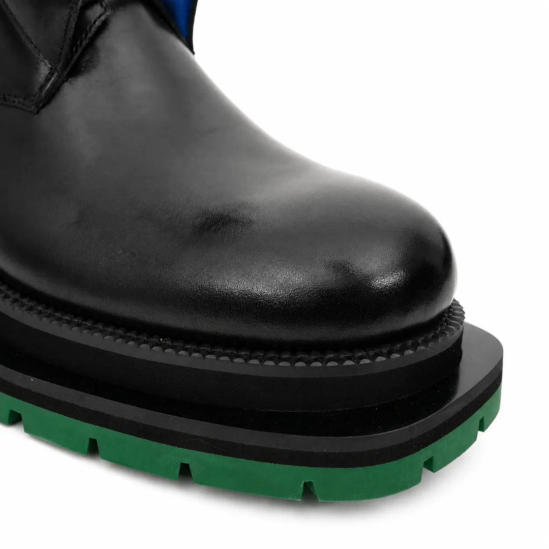 Black Leather Lace-Up Boots with Blue and Green Accents