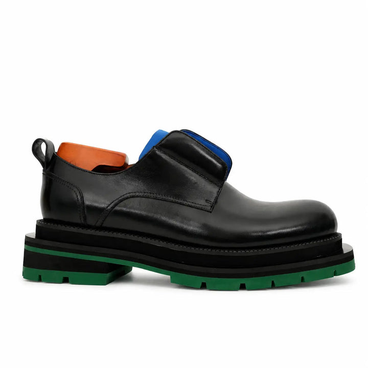 Black Leather Derby Shoes with Blue and Green Accents