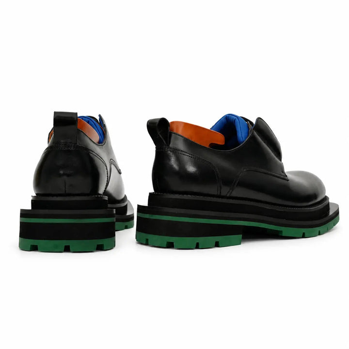 Black Leather Derby Shoes with Blue and Green Accents