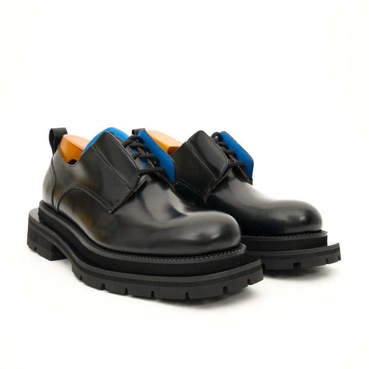 Black Leather Derby Shoes with Blue Lace Detail