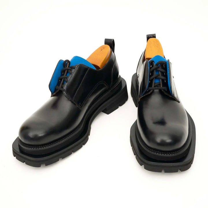 Black Leather Derby Shoes with Blue Lace Detail