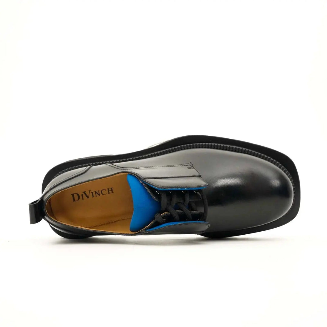 Black Leather Derby Shoes with Blue Lace Detail