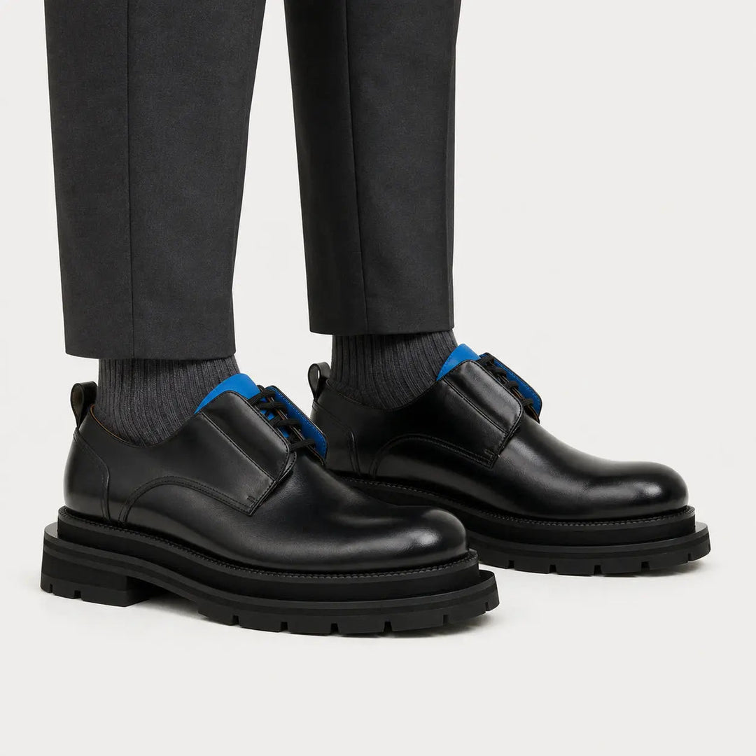 Black Leather Derby Shoes with Blue Lace Detail
