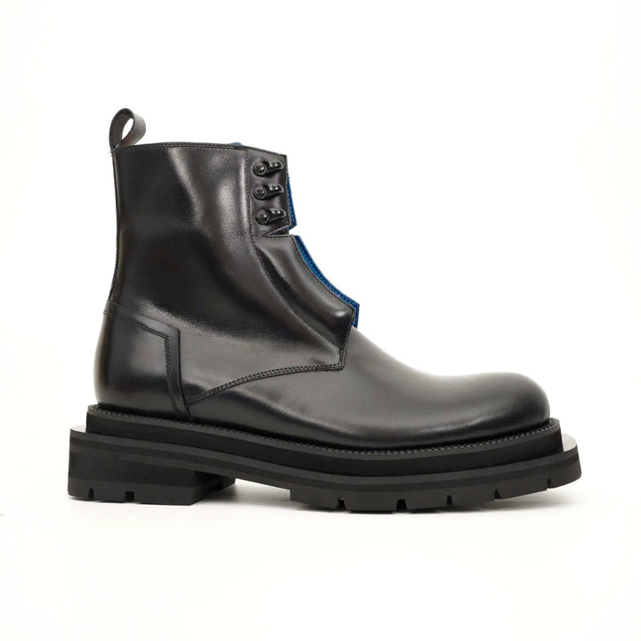 Black Leather Lace-Up Boots with Blue Detail
