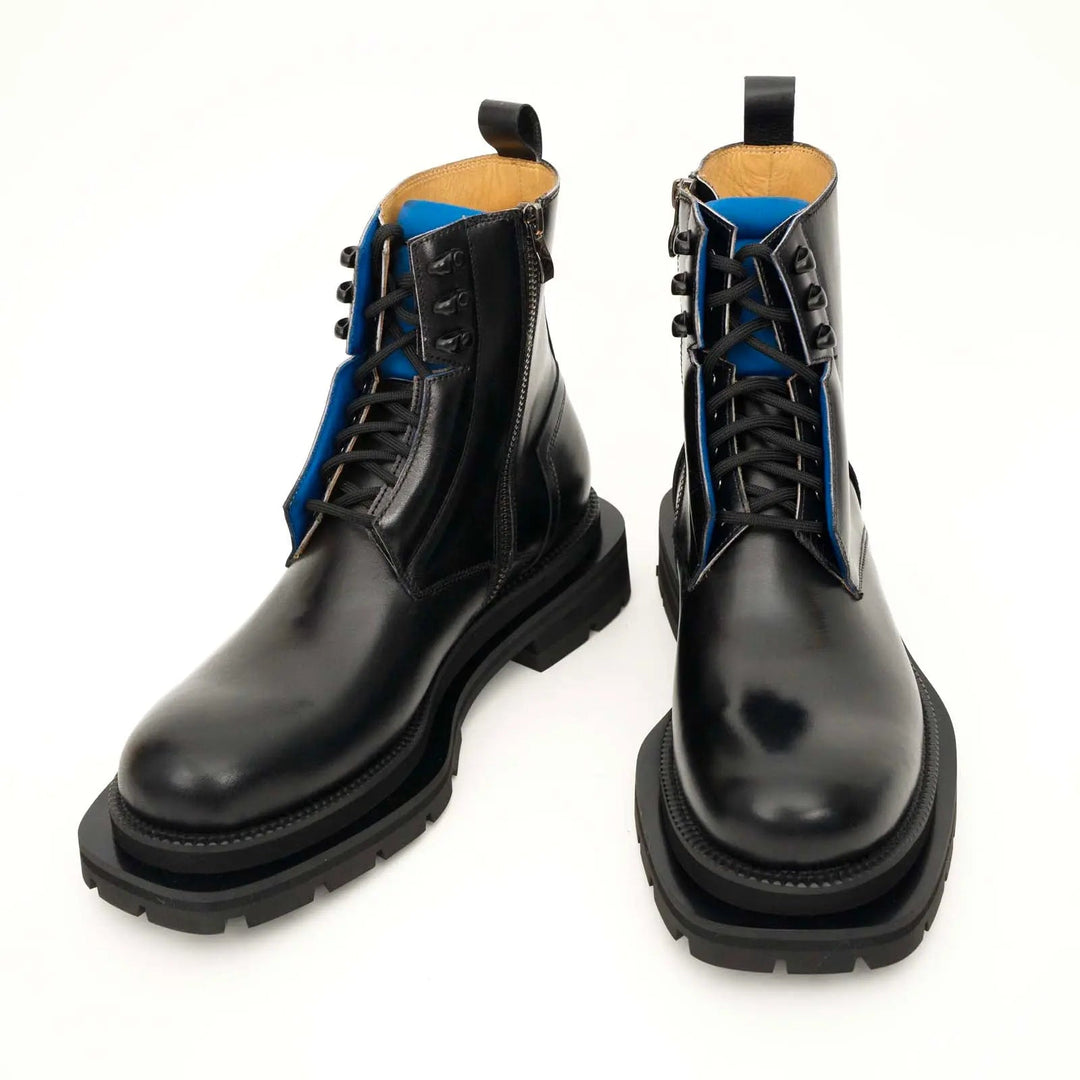 Black Leather Lace-Up Boots with Blue Detail