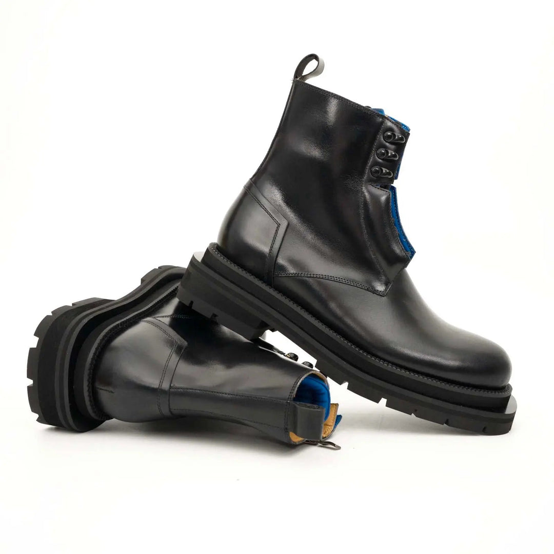Black Leather Lace-Up Boots with Blue Detail