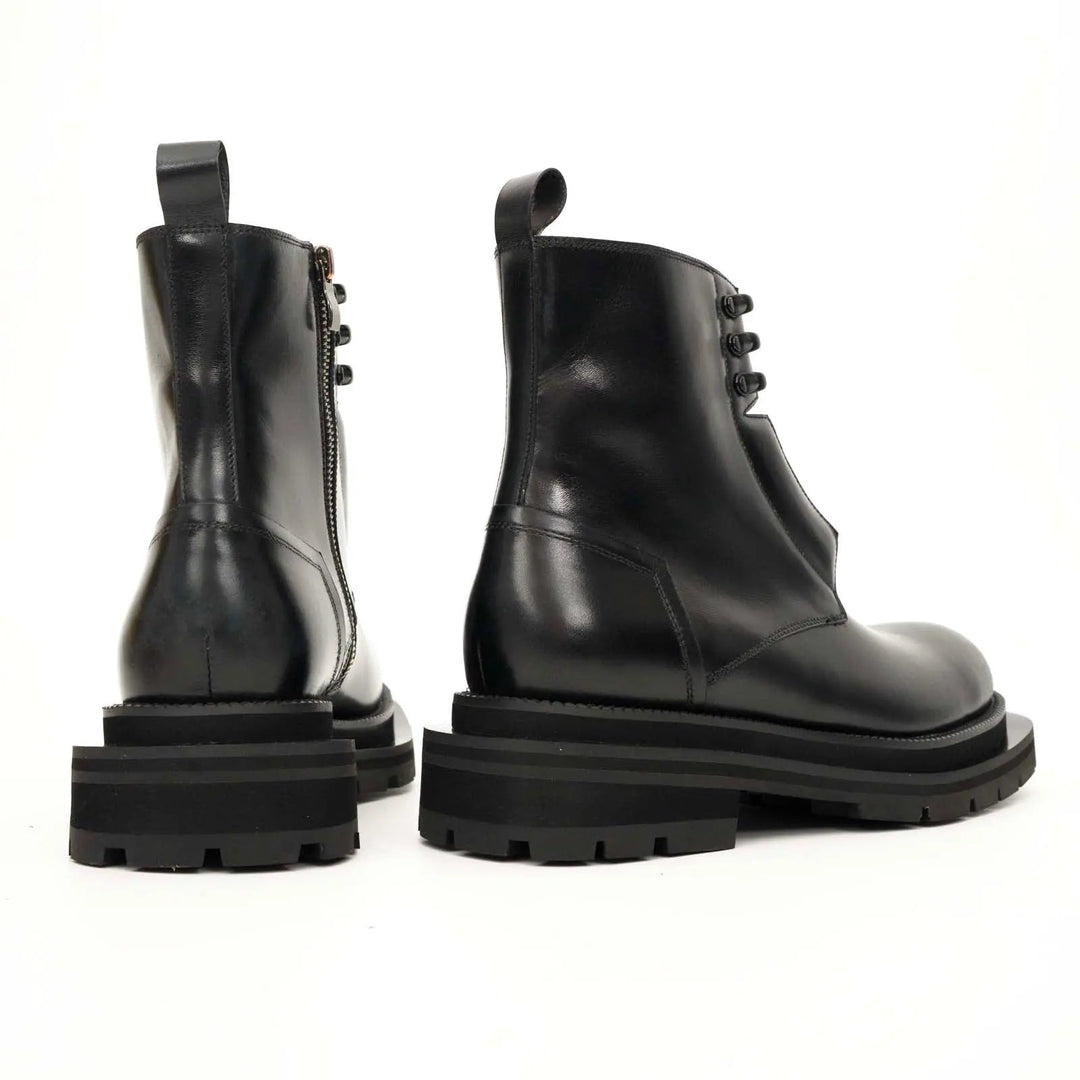 Black Leather Lace-Up Boots with Blue Detail