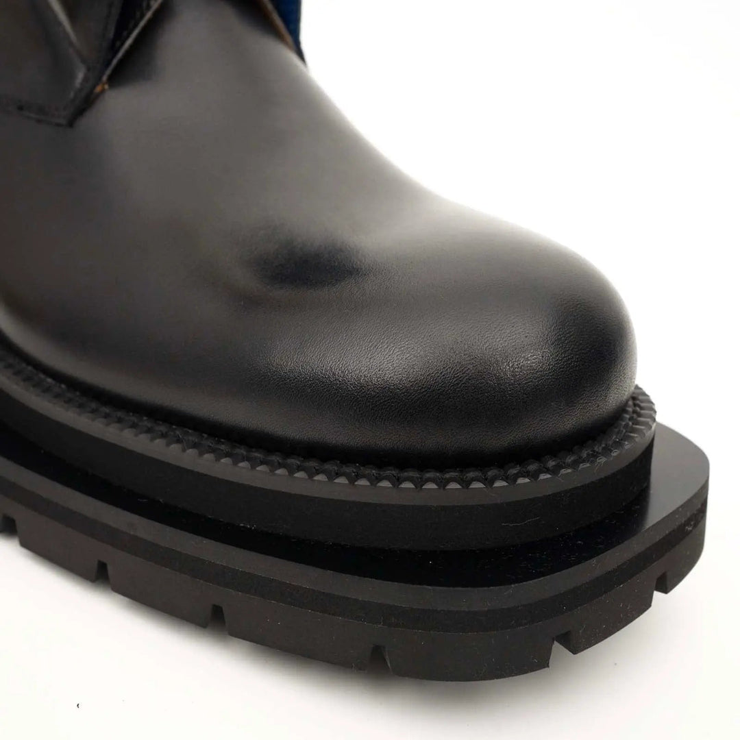 Black Leather Lace-Up Boots with Blue Detail