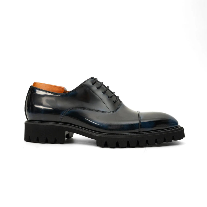 Blue Cap-Toe Calf Leather Oxford Shoes